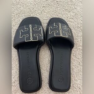 Tory Burch Double-T Monogram Padded Leather Slide Sandals